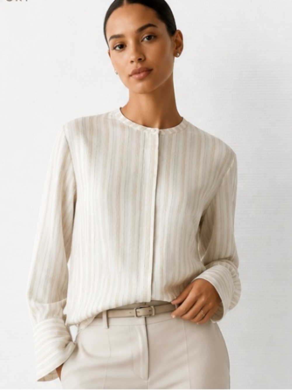 NWT Theory Cream Striped Long-Sleeve Blouse